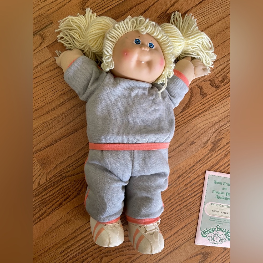 Vintage Cabbage Patch Kid  in Gray and Peach Outfit -